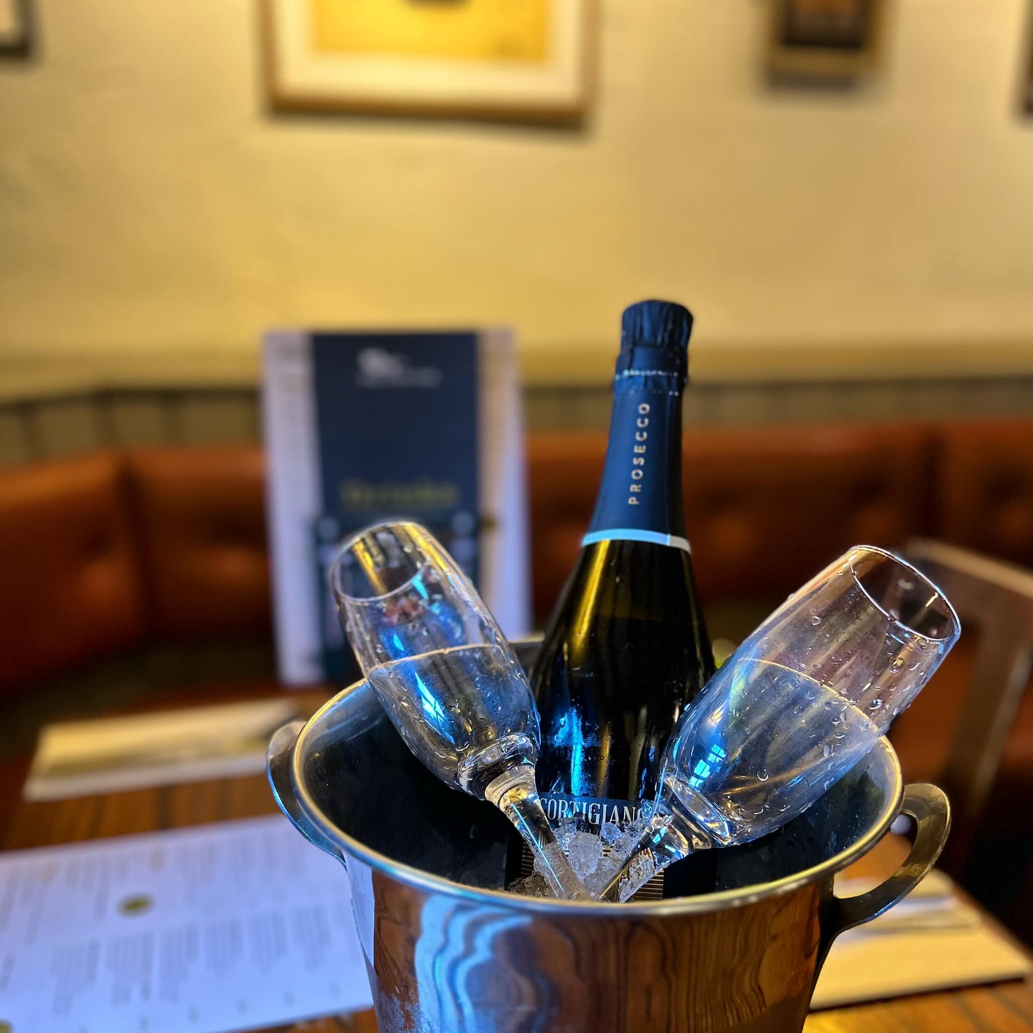 Bottle of Fizz and two glasses at The Milton Arms